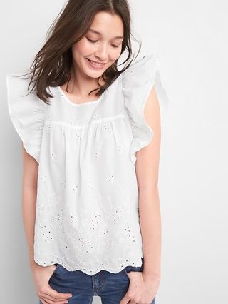 Gap Womens Eyelet Embroidery Flutter Sleeve Top White Size L | Gap US