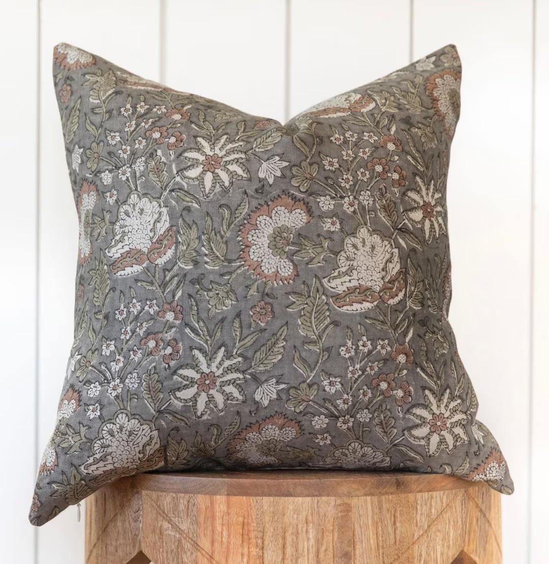 Fran Pillow cover floral pillow grey blue linen designer pillow high end pillow cover home decor ... | Etsy (US)