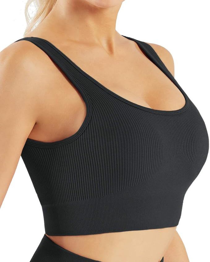 Women's Ribbed Workout Yoga High Waisted Leggings Short Sleeve Crop Top with Padded Stretch Sport... | Amazon (US)