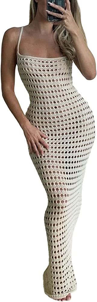 Bodycon Dresses for Women Summer Knit Hollow Out Sexy Night Out Midi Maxi Dress Sleeveless Long C... | Amazon (US)