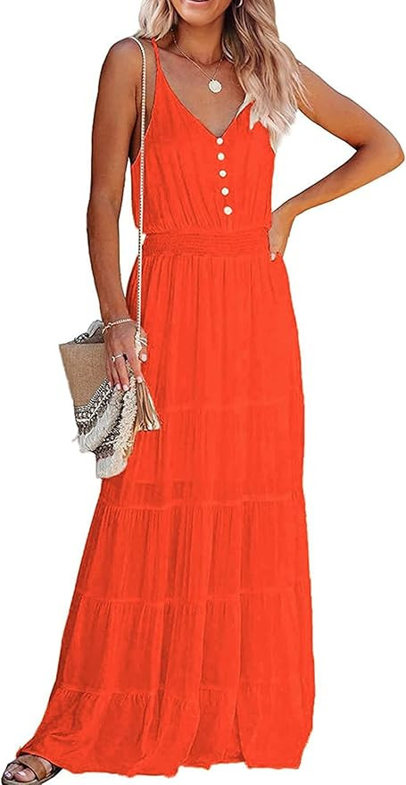 PRETTYGARDEN Women's Casual Summer Dress Spaghetti Strap Sleeveless High Waist Beach Long Maxi Su... | Amazon (US)