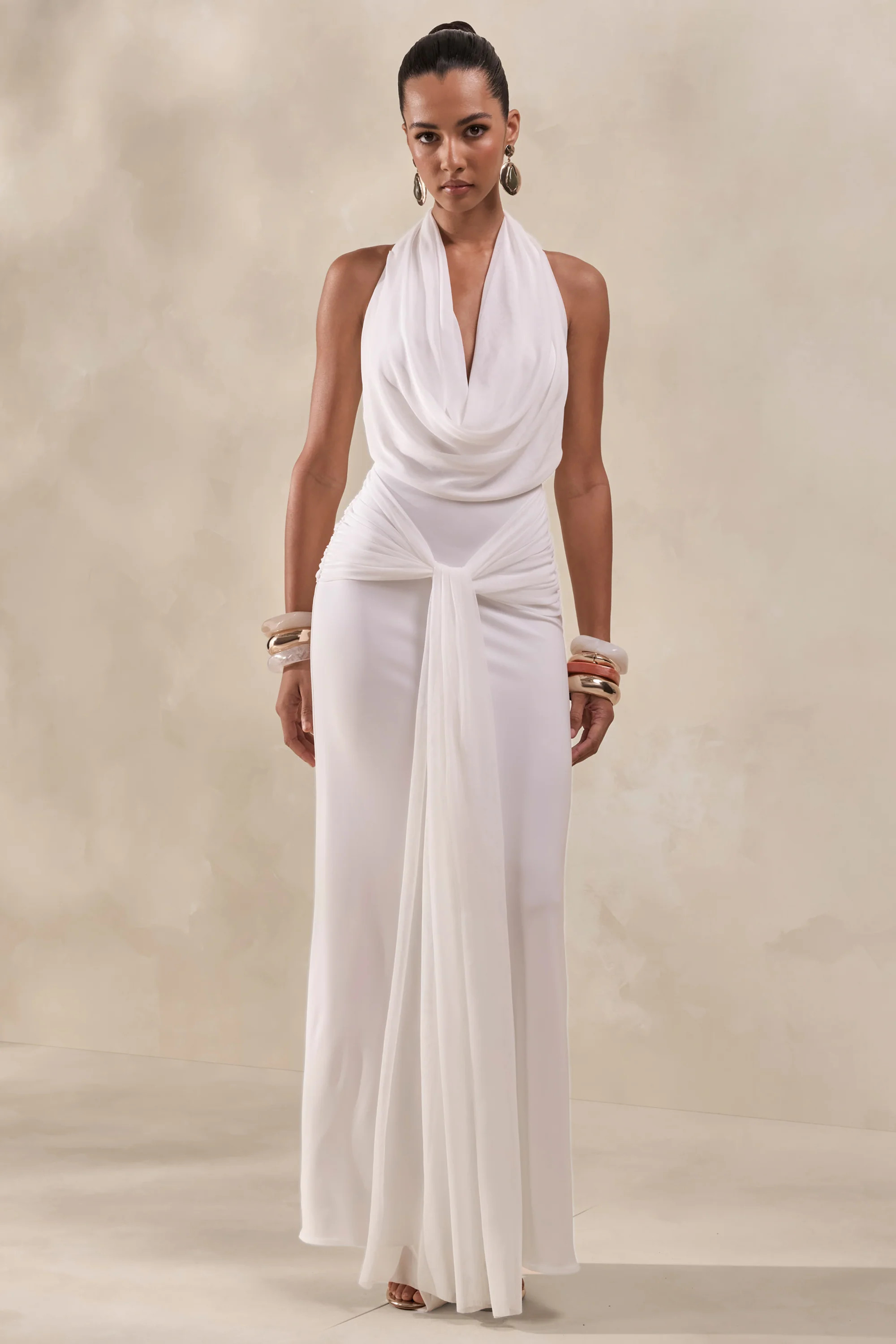 Rosetide | White Cowl-Neck Maxi Dress With Gathered-Detailing And Sash | Club L London