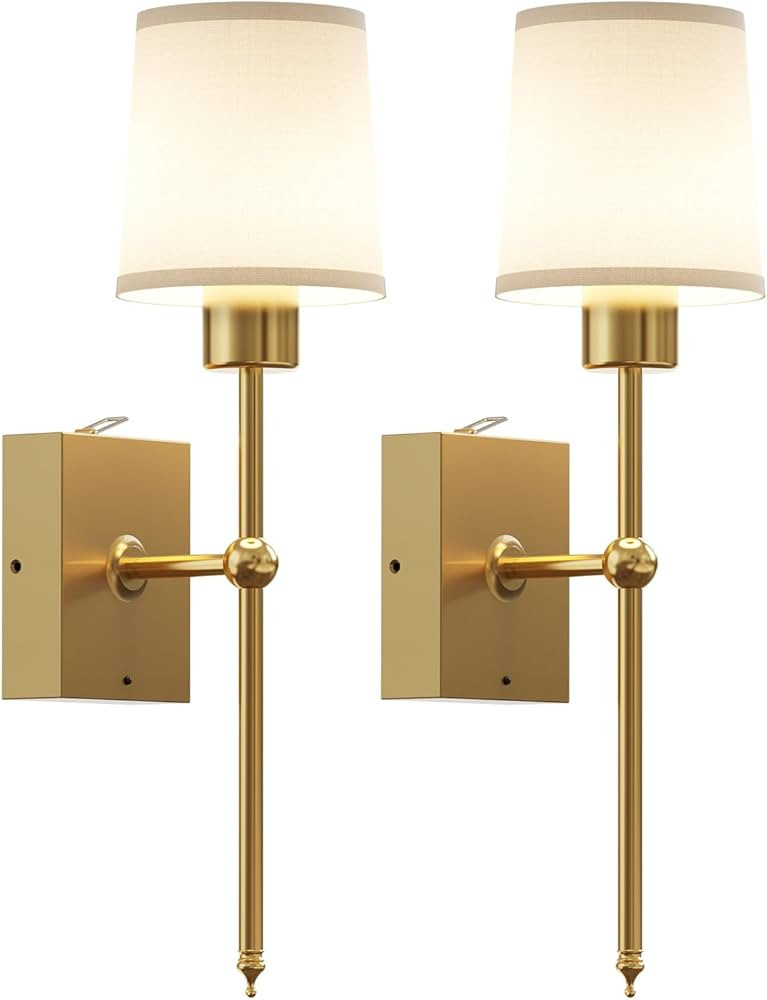 Wall Sconces Sets of 2 White Fabric Shade, Bathroom Vanity sconces Wall Lighting with Remote,Bedr... | Amazon (US)