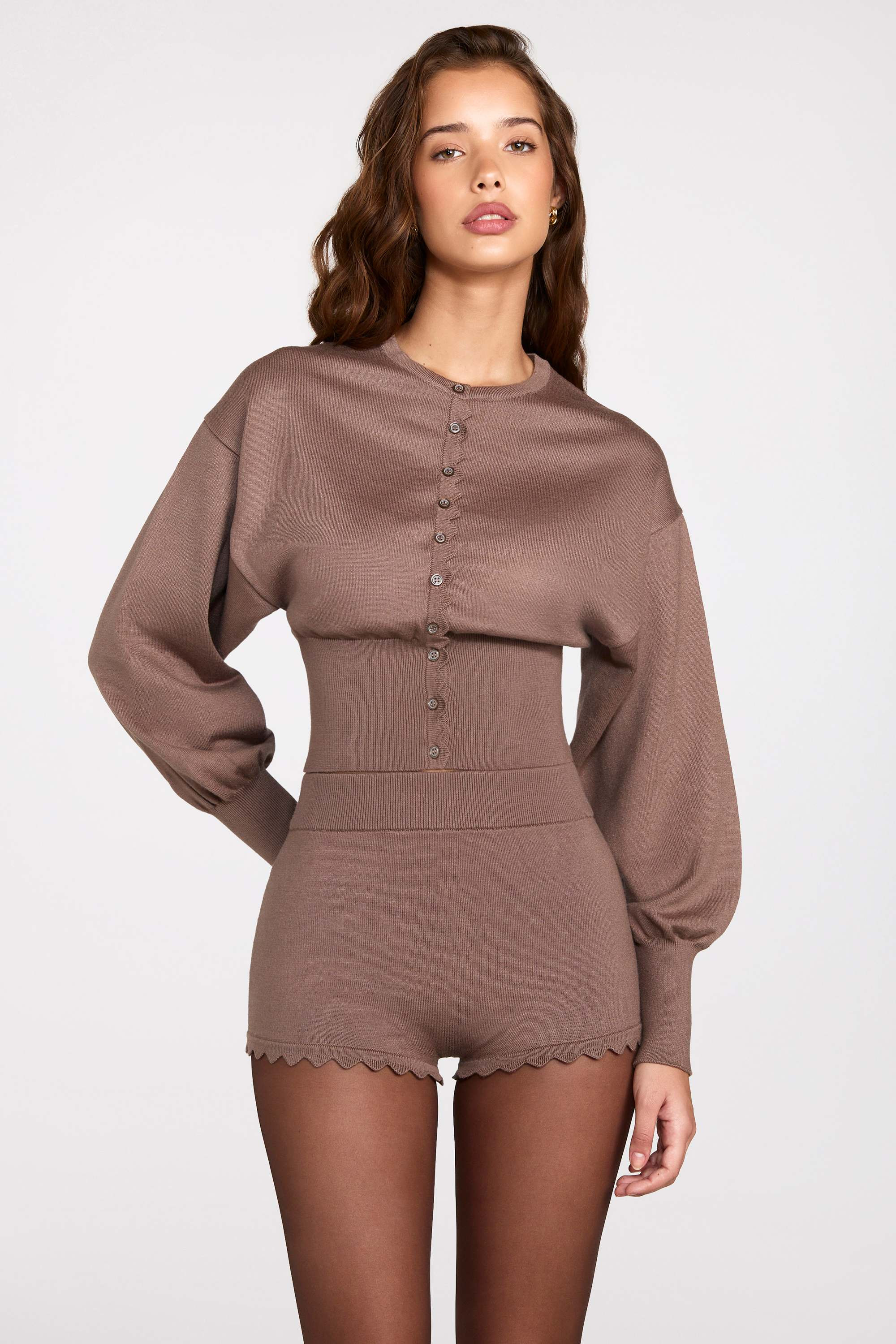 Knit Long-Sleeve Cardigan in Mocha | Oh Polly