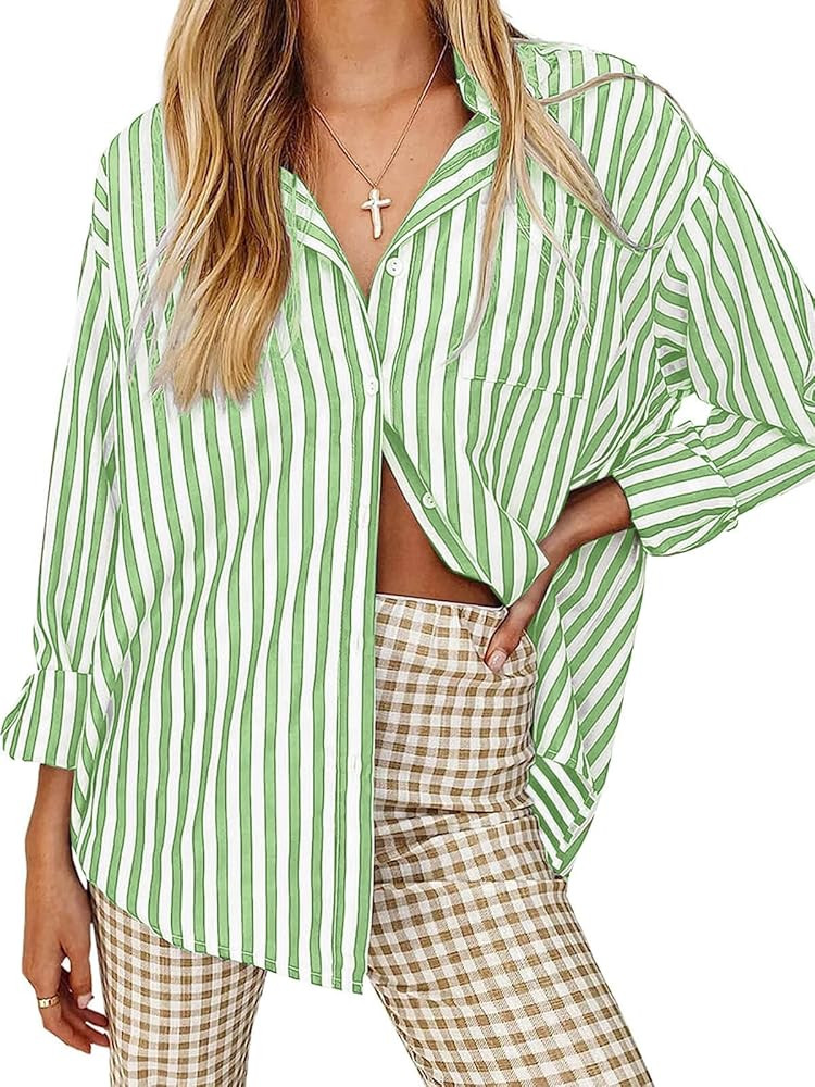 Women's Blouses Striped Long Sleeve Shirts Button Down Loose Fit Casual Tops | Amazon (US)