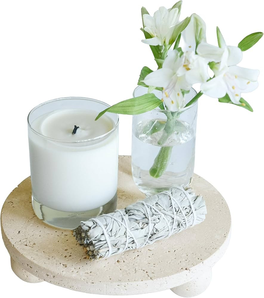 100% Natural Travertine Footed Tray – Round Stone Display Pedestal Stand Riser with 3 Ball Legs... | Amazon (US)