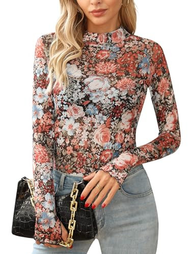 Ugerlov Womens Lace Long Sleeve Mesh Top Floral Mock Neck See Through Going Out Top with Thumb Hole Party Outfits Shirts,A Floral Fierce M | Amazon (US)