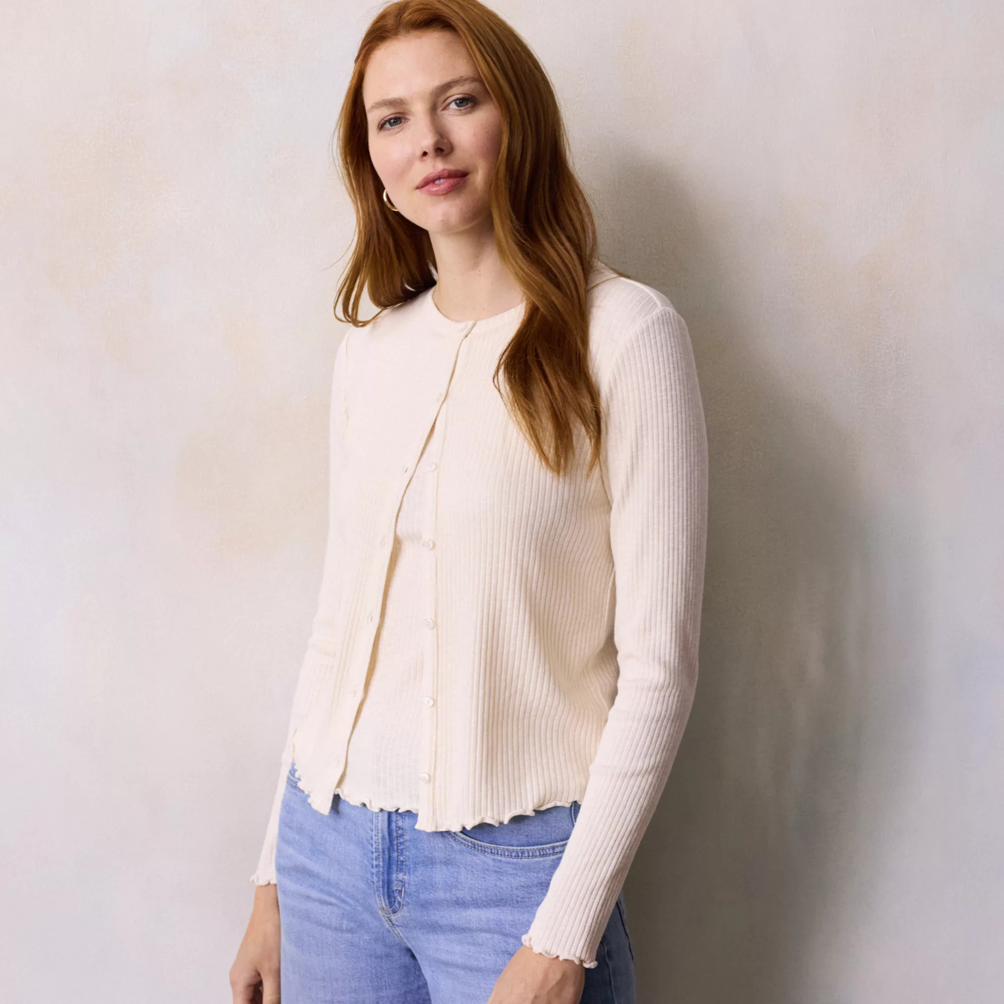 Women's LC Lauren Conrad Ruffle Hem Ribbed Knit Cardigan, Size: XS, Ivory Tossed Posy | Kohl's