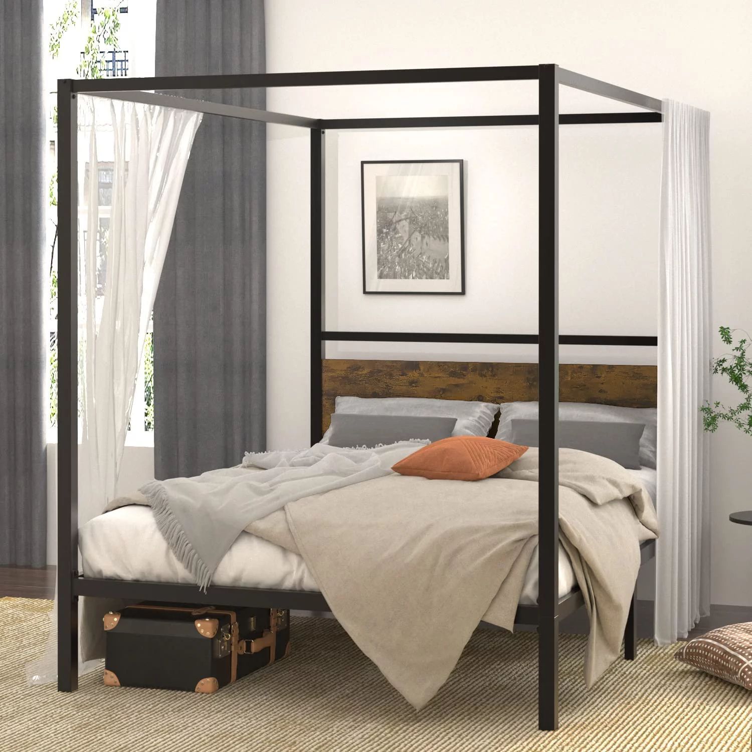 Sha Cerlin Queen Size Metal Four-Poster Canopy Bed Frame with Wooden Headboard, Industrial Style | Walmart (US)