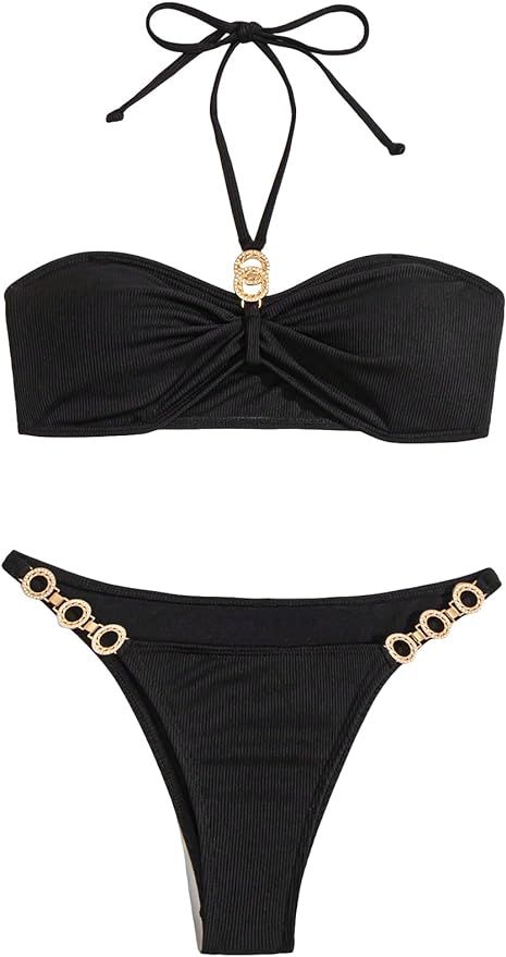 Women's 2 Piece Rhinestone Decor Halter Tie Bikini Set High Cut Triangle Push Up Swimsuit Bathing... | Amazon (US)