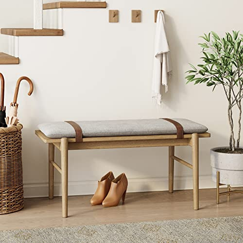 Nathan James Gugan Mid-Century Wooden Bench Seat, End of Bed Bench with Removable Fabric Cushion for Indoor Dining Room, Bedroom and Entryway, Light Brown/Ivory | Amazon (US)