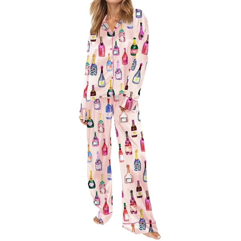 Women Champagne Bottle Pajamas Long Sleeve Wine Glasses Print Button Down Shirt Pants 2 Piece Sat... | Walmart (US)