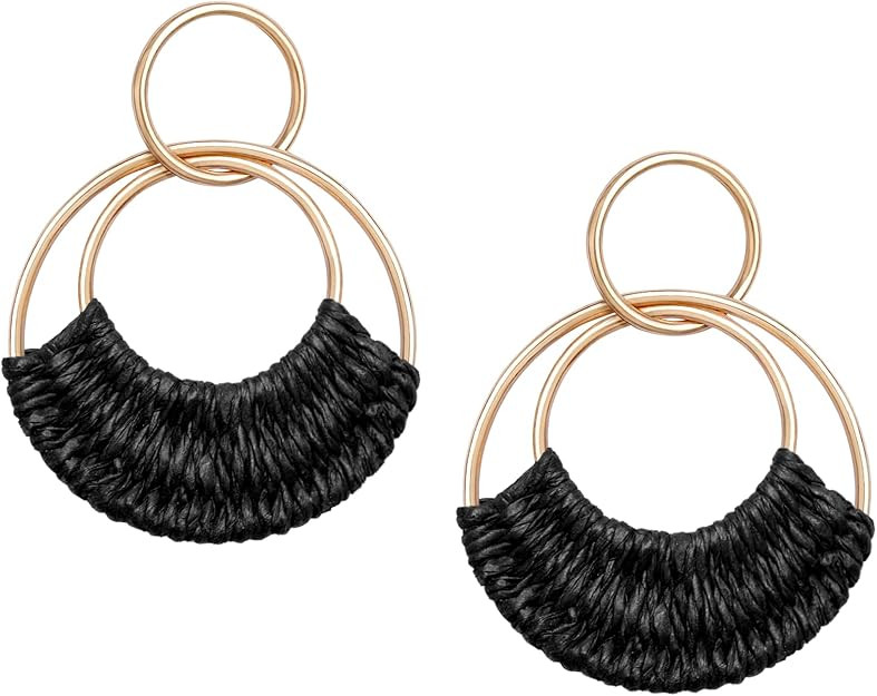 Raffia Hoop Earrings for Women Fun Boho Summer Beach Earrings Lightweight Handmade Straw Wicker R... | Amazon (US)
