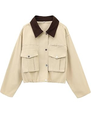 Womens Cropped Jacket Contrast Collar Utility Coat Cargo Jacket Barn Jacket Outwear with Pockets | Amazon (US)