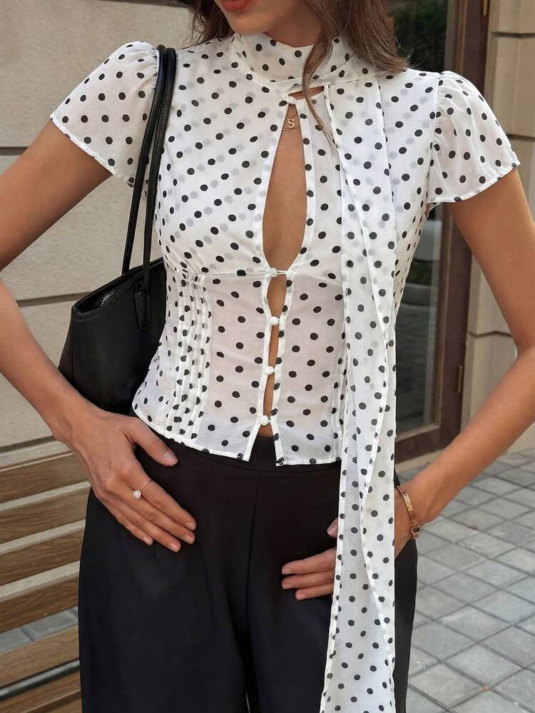 Blouse ras-du-cou en mousseline de soie à pois romantique, design évasé des manches et taille ... | SHEIN