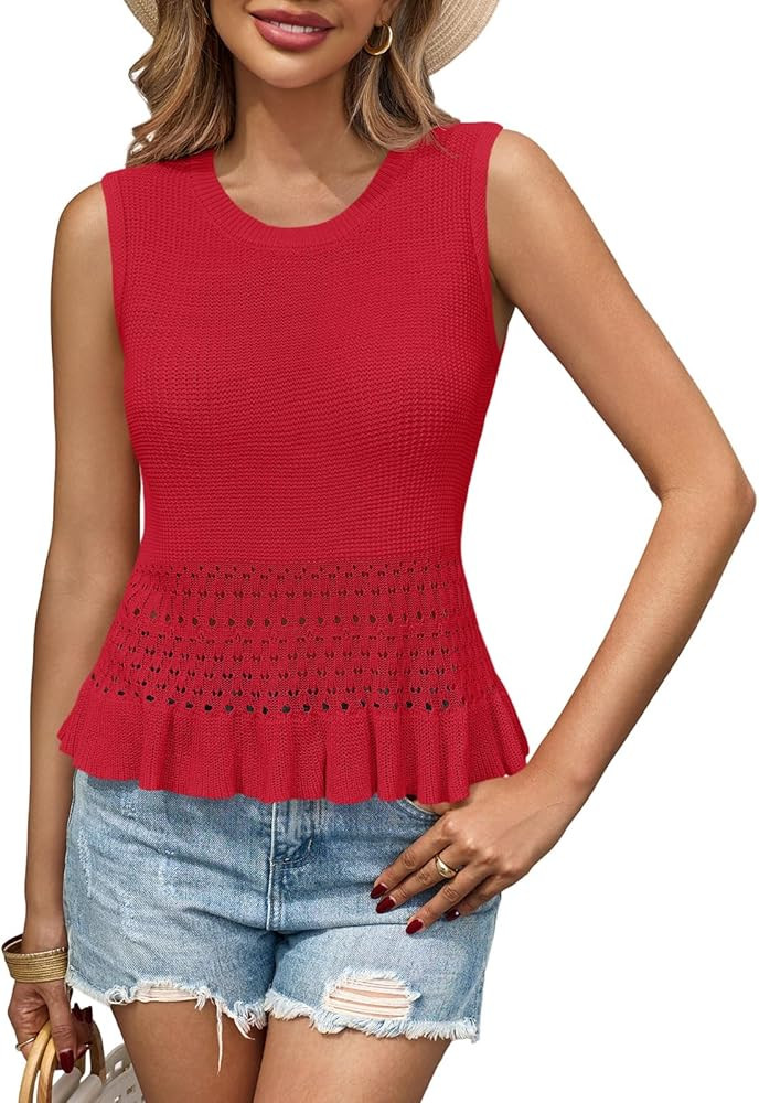Saodimallsu Womens Crochet Crop Tank Tops Sleeveless Crew Neck Ruffle Summer Boho Knit Sweater Ve... | Amazon (US)