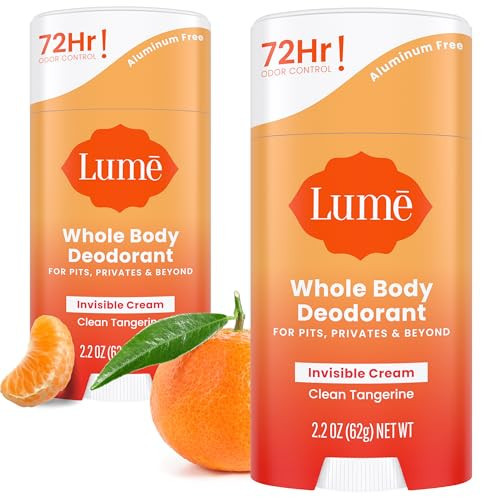 Lume Whole Body Deodorant - Invisible Cream Stick - 72 Hour Odor Control - Aluminum Free, Baking Soda Free, Skin Safe - 2.2 Ounce (Pack of 2) (Clean Tangerine) | Amazon (US)