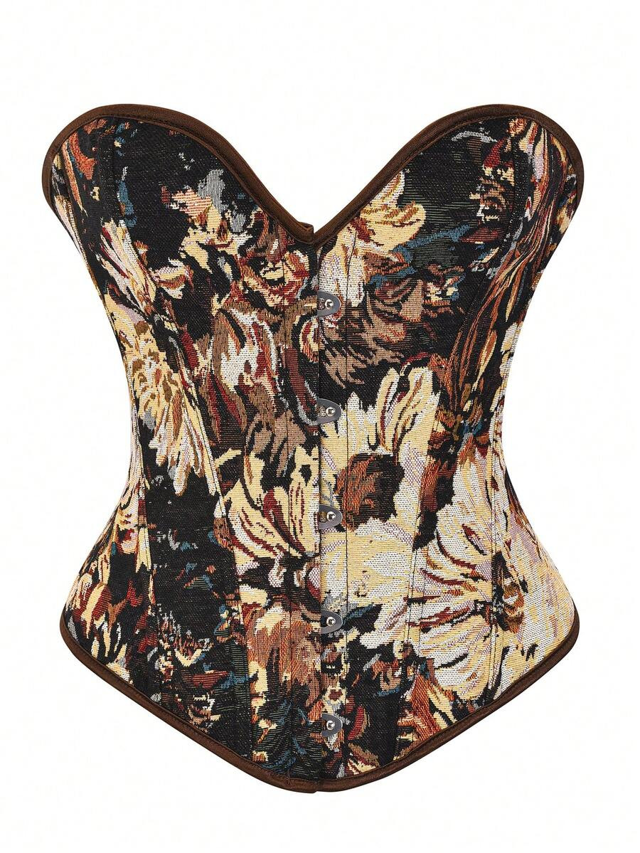 Plus Size Floral Print Backless Tie Corset Top, Suitable For New Year Party, Valentine's Day, Hol... | SHEIN