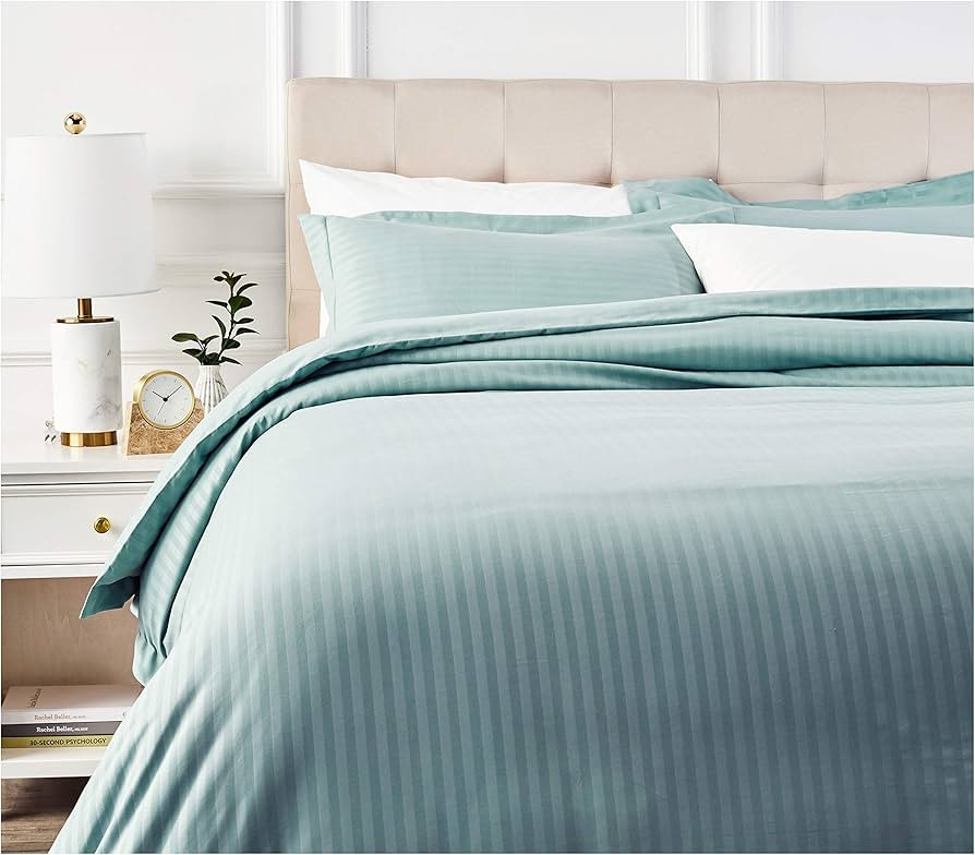 Amazon Basics Striped Microfiber Duvet Cover Set - Full or Queen, Spa Blue | Amazon (US)