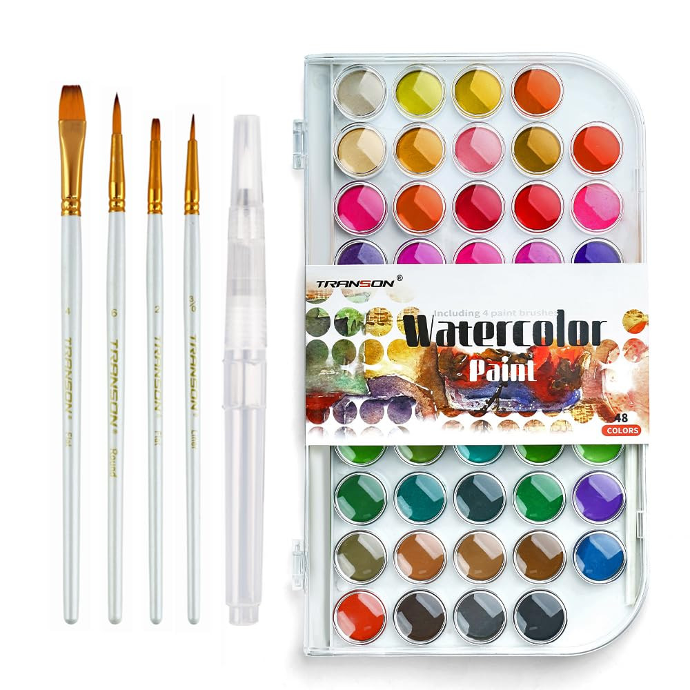 TRANSON 48 Colors Watercolor Paint Set with 4pcs Paint Brushes and 1pcs Water Brush Pen for Adult... | Amazon (US)