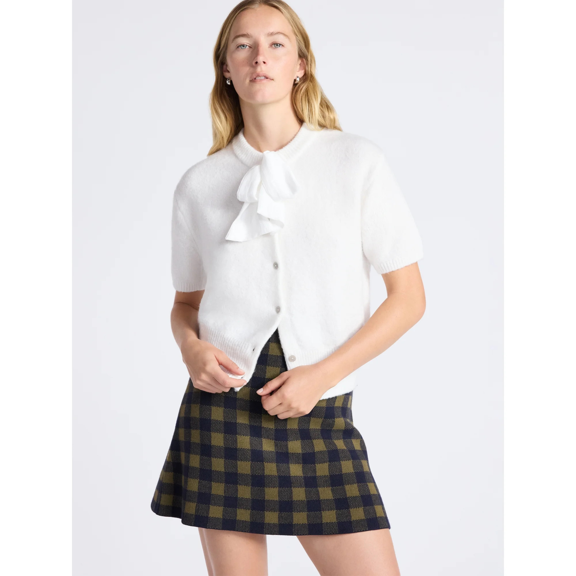 Free Assembly Women's Button-Front Bow Sweater with Short Sleeves, Midweight, Sizes XS-XXL | Walmart (US)