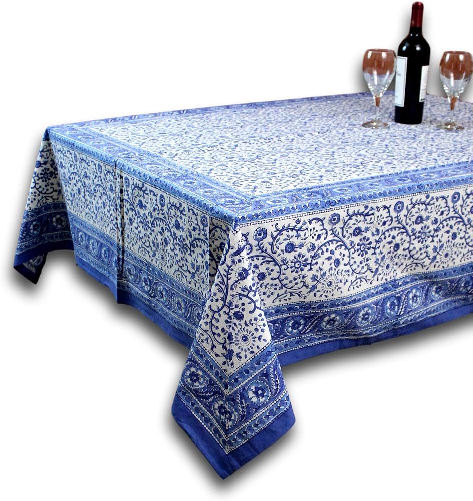Homestead Rajasthan Block Print Cotton Tablecloth 90" x 60" Blue | Amazon (US)