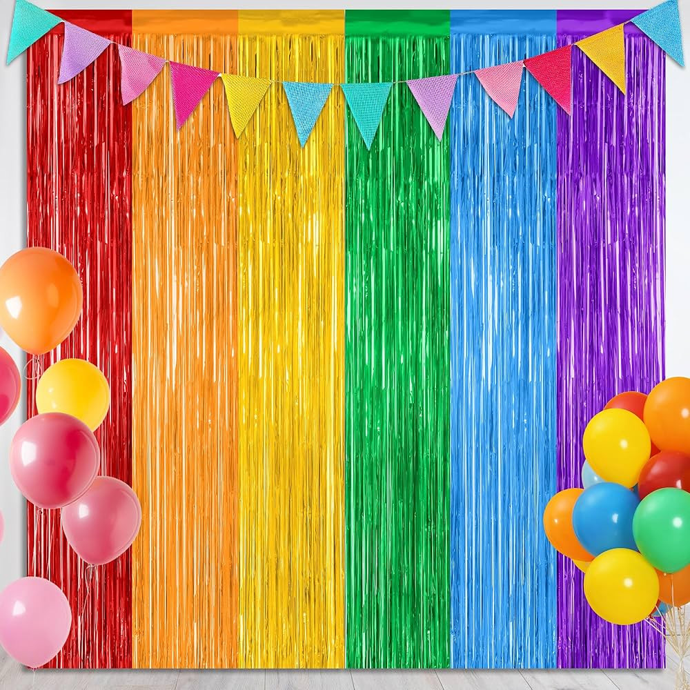 2 Pack Rainbow Backdrop Curtains, 3.28 FT x 7.05 FT Colofull Party Decorations, Metallic Tinsel B... | Amazon (US)