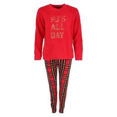 em & alfie Women's PJ All Day Plaid Crewneck Pajama Set, Medium, Red | Target