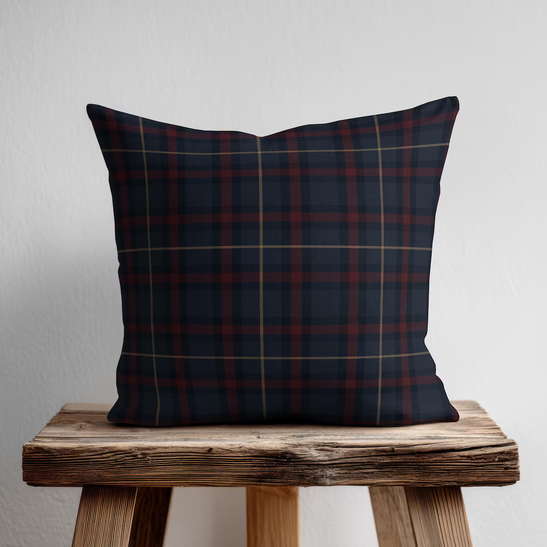 Navy Blue and Burgundy Plaid Pillow Cover - Dark Tartan Cushion, Rustic Farmhouse Decor, Scottish... | Etsy (US)