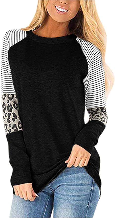 TECREW Women's Leopard Colorblock Shirt Casual Long Sleeve Tunic Tops | Amazon (US)