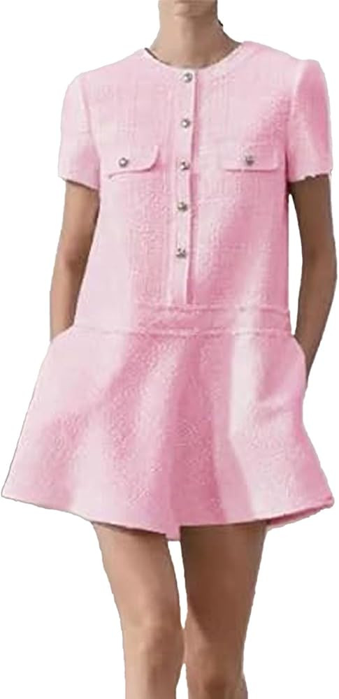 Women's Tweed Dress Short Sleeve Crew Neck Party Vintage Mini Skirt Causal Dresses with Pockets | Amazon (US)