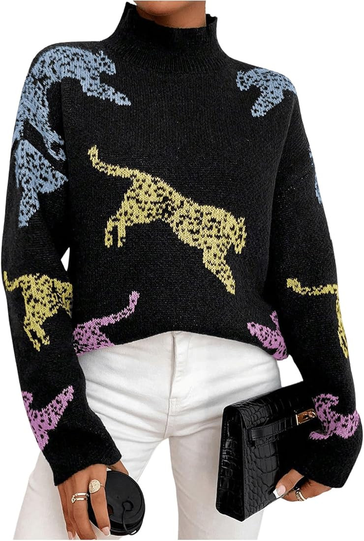 WDIRARA Women's High Neck Sweater Leopard Pattern Long Sleeve Fuzzy Knitted Pullover Top | Amazon (US)