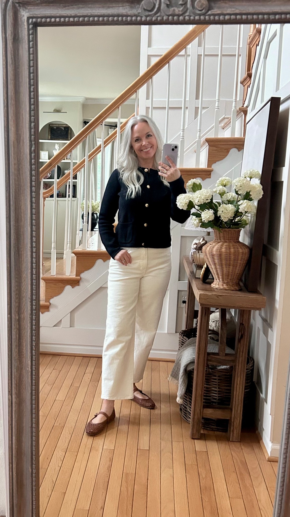 Blue & white, navy and white, coastal, woven Mary Jane flats, white jeans, cropped wide leg jean, navy cardigan, Emile cardigan dupe, nautical sweater, nautical, preppy, hoop earrings, Target, Quince, Madewell, J. Crew, spring outfit, summer fit, faux snow ball stems, Afloral, 5’6”, size small in cardigan, size 4 in jeans

#LTKShoeCrush #LTKOver40 #LTKxMadewell