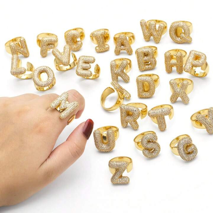 Chunky CZ Crystal 26 Letter Rings For Women Initial Jewelry Party Gifts | SHEIN