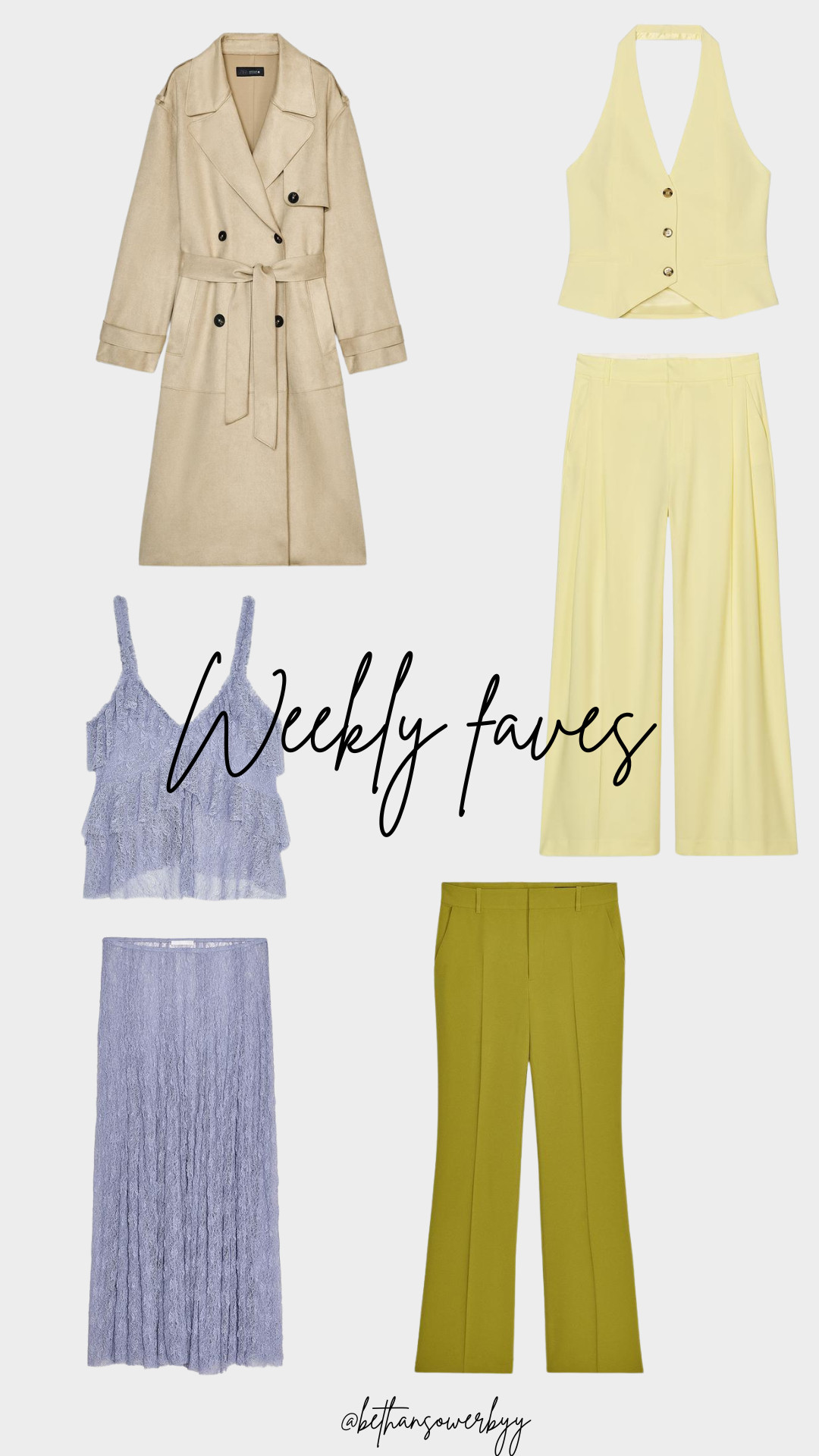 Weekly Favourites, Best Sellers, Zara, Trench Coat, Flared Trousers, Tailored Trousers, Halter Waistcoat, Lace Skirt & Top, Spring Outfit 

 #LTKAprilSpotlight #LTKuk #LTKspring