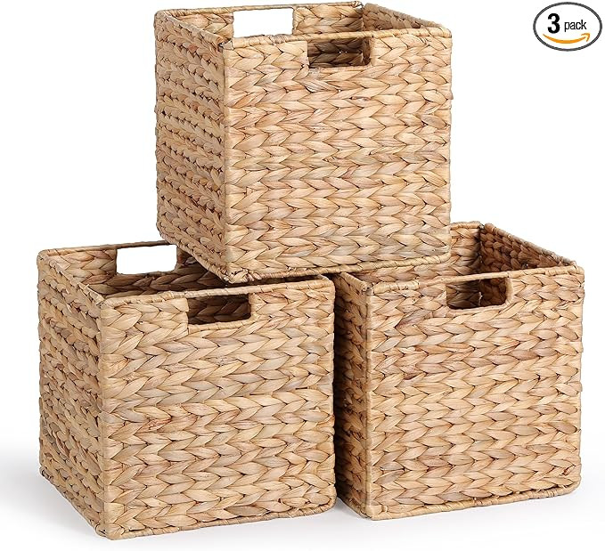 12 x 12 x 12in Water Hyacinth Storage Baskets, Wicker Storage Baskets for Shelves, Foldable Squar... | Amazon (US)