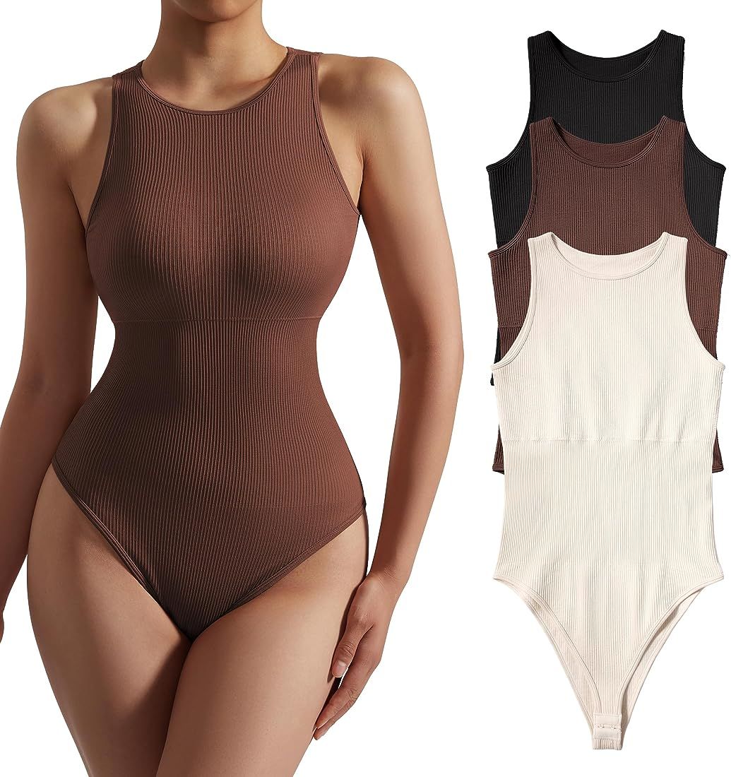 MOSHENGQI Women 3 Piece Ribbed Bodysuit Halter Neck Sleeveless Tank Tops Thong Shapewear | Amazon (US)