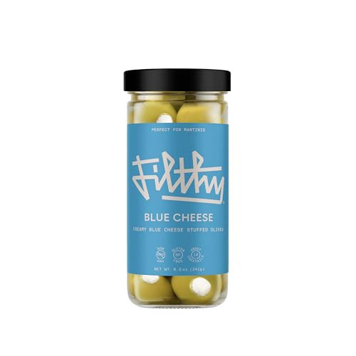 Filthy Blue Cheese Stuffed Olives, Premium Cocktail Garnish, Blue Cheese Stuffed Olives, Naturally Cured Queen Olives Stuffed With Real Wisconsin Blue Cheese for Martinis, 8.5 Oz Jar, 14 Olives | Amazon (US)