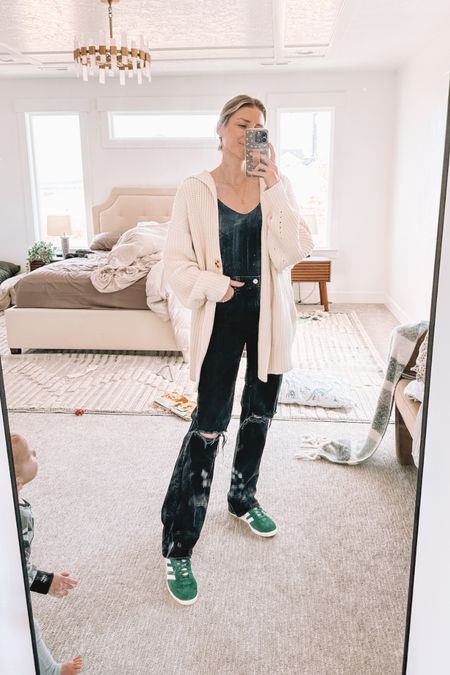 I really love my outfit today 🙃 green adidas gazelle sneakers, some of my favorite Abercrombie jeans (wearing long), and this cardigan is such a good staple for winter, spring, cool summer nights. They have it in lots of colors but I wanted a neutral to match with everything! Wearing a small - if my arms weren’t so long then XS would’ve been fine!

#LTKshoecrush #LTKfindsunder50 #LTKSeasonal