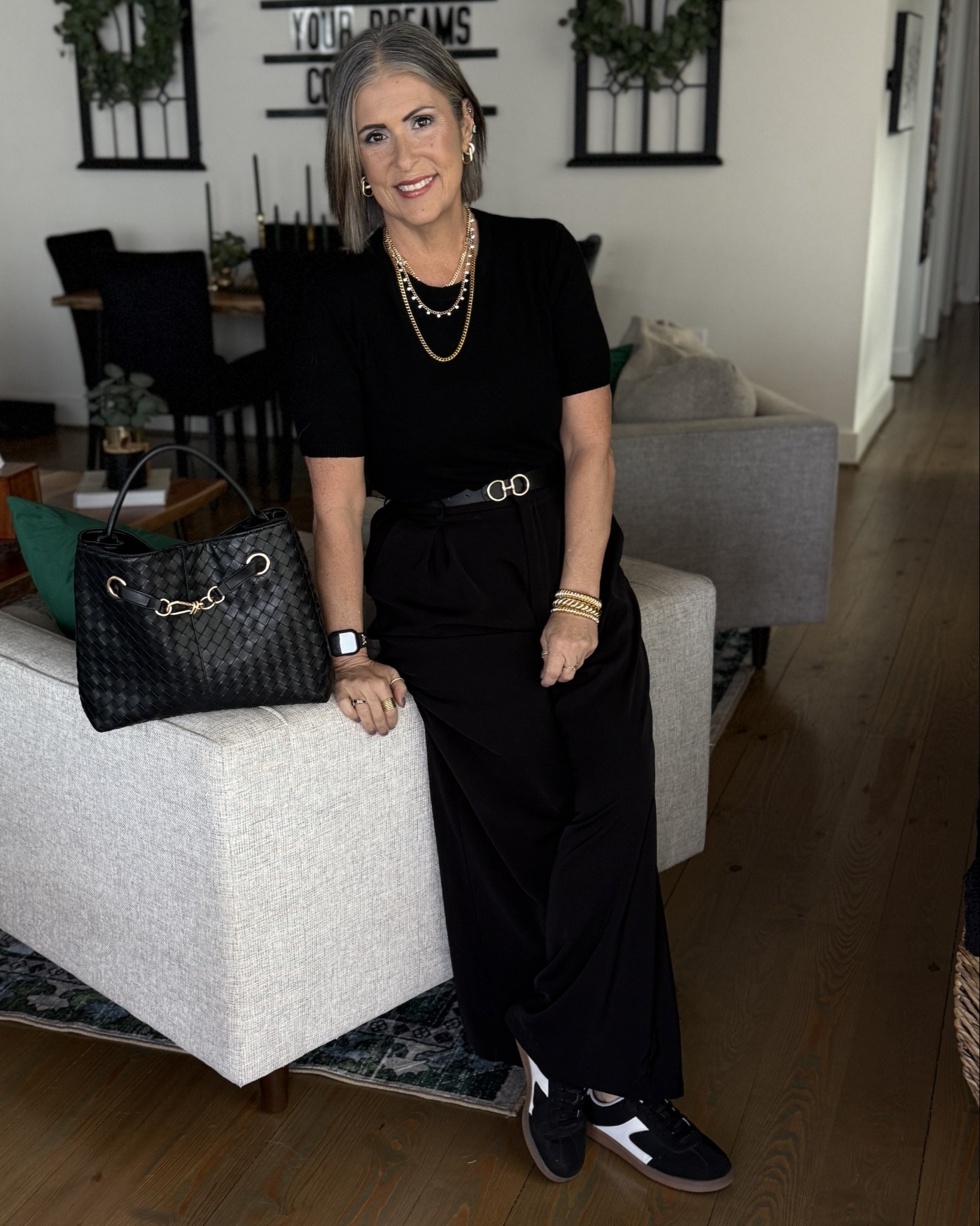 ✨My Elevated Style Girlies, this Amazon all-black outfit is giving chic, comfy, and versatile! Today, I’m styling a soft short-sleeve crewneck sweater with those once-viral wide-leg pants (still a hit and currently 34% off!), plus my fave new woven black satchel from Walmart. And here’s the twist—I switched up the shoes to show how the same base can work for every vibe: polished pumps, everyday sneakers, or breezy sandals.

📝 Breakdown Style Story #1:
* The soft short-sleeve black crewneck sweater gives structure with ease.
* The Amazon viral wide-leg pants bring effortless sophistication while remaining super comfy.
* Paired with black sneakers, this version feels relaxed and practical—perfect for running errands, casual coffee dates, or working from home in style.
* The woven black satchel keeps the look elevated while remaining functional for everyday carry.

✨ Why it works: This look keeps it real while still looking intentional. It’s for the woman who doesn’t want to compromise style on her busiest days.

✨Every piece in your wardrobe serves a purpose, and every outfit tells a style story. Be intentional, be confident and create a style story you’ll love!✨

#LTKStyleTip #LTKFindsUnder100 #LTKOver40