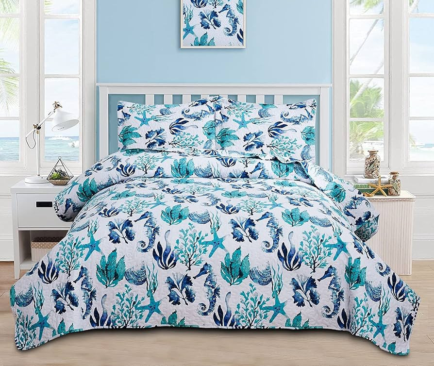 Bedspread Set King Size Quilts Beach Bedding Coastal Ocean Reversible Quilts Summer Bedspread Cov... | Amazon (US)