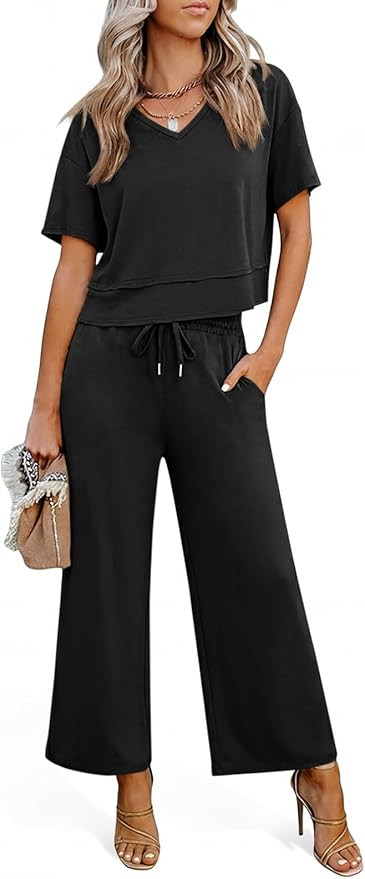 Tankaneo Womens 2 Piece Sets Casual Tracksuits Short Sleeve Tops Wide Leg Pants Outfits Lounge Se... | Amazon (US)
