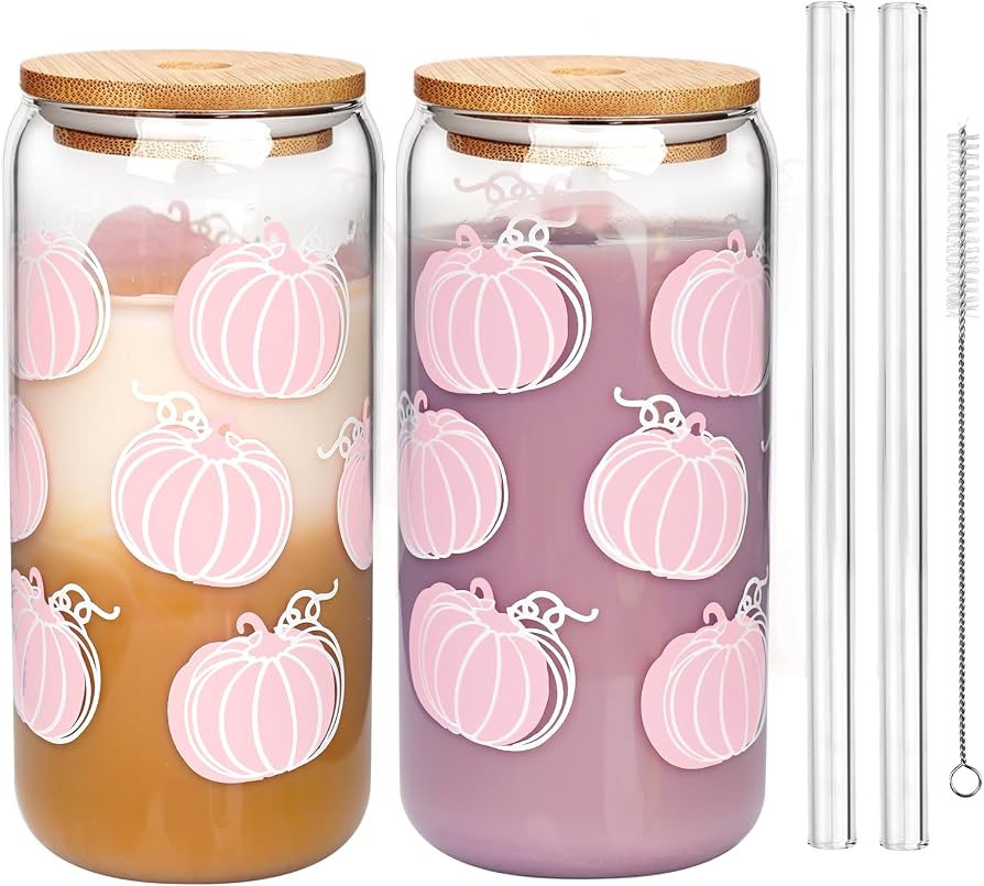 ANOTION Fall Glass Cups with Lids and Straws - Autumn Thanksgiving Gifts for Women - 2 Pack 18oz ... | Amazon (US)