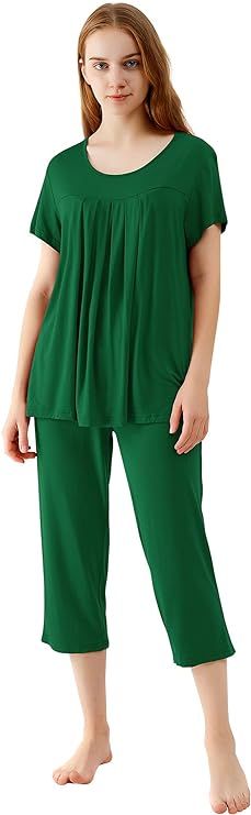 WiWi Bamboo Viscose Pajamas for Women Capri Pants Pajama Sets Short Sleeve Sleepwear Set Top with... | Amazon (US)