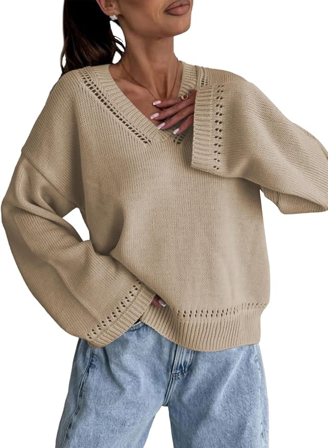 Astylis Womens Sweaters V Neck Knit Long Sleeve Crochet Pullover Tops | Amazon (US)