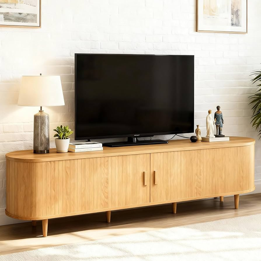70" Mid Century Modern TV Stand, Wood TV Consoles with Sliding Doors and Power Outlet, Entertainm... | Amazon (US)