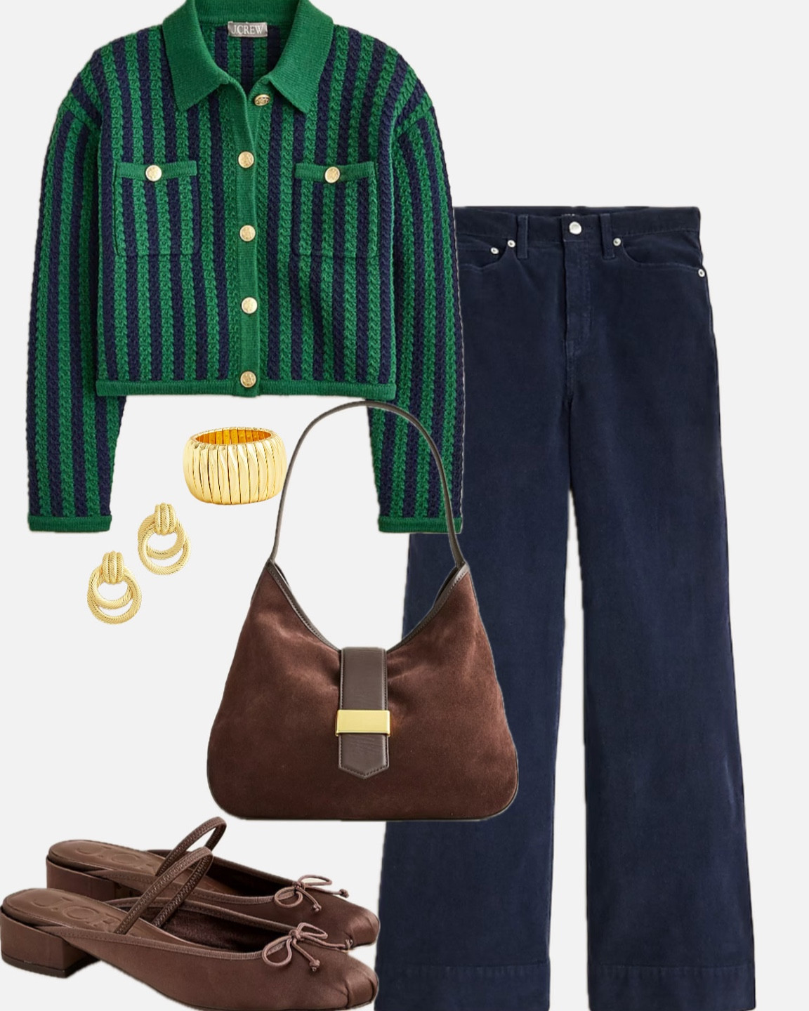 This outfit is the perfect blend of all things fall! The chocolate brown shoulder bag, chocolate brown ballet flats, navy blue corduroy pants and green and navy striped lady jacket cardigan. Finished off with gold jewelry.

#LTKFindsUnder100 #LTKFallSale #LTKWorkwear