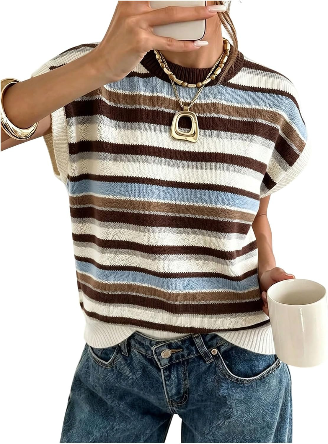 MakeMeChic Women's Striped Polka Dots Sweater Vest Knit Tank Top | Amazon (US)