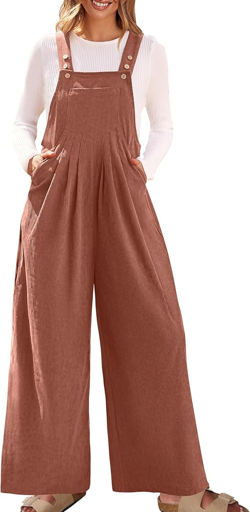 ZESICA Women's Casual Overalls Jumpsuits Loose Corduroy Bib Adjustable Straps Wide Leg Long Pant ... | Amazon (US)