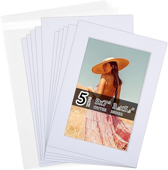 Acid Free 5 Pack 5x7 Pre-Cut Mat Board Show Kit for 4x6 Photos, Prints or Artworks, 5 Core Bevel ... | Amazon (US)